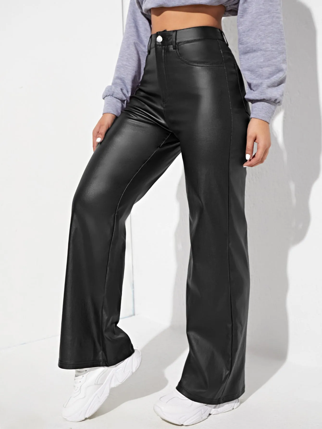 Straight Leg Leather Look Jeans