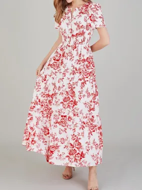 Sunset Vacation Tiered Floral Notched Short Sleeve Dress