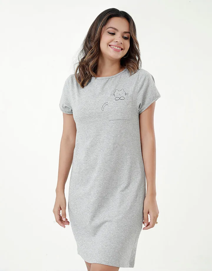 T-Shirt Dress with Cat Embroidery