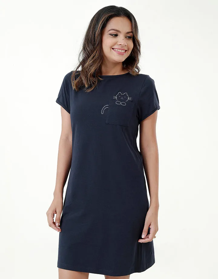 T-Shirt Dress with Cat Embroidery