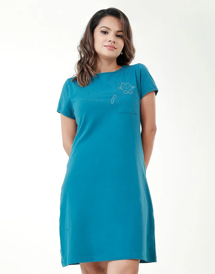 T-Shirt Dress with Cat Embroidery