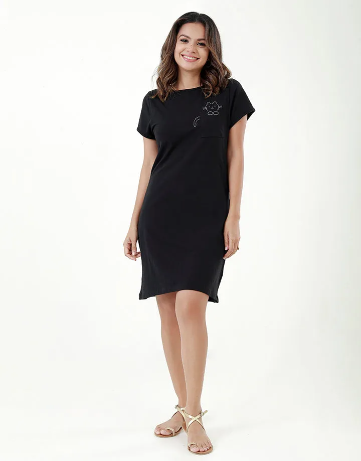 T-Shirt Dress with Cat Embroidery