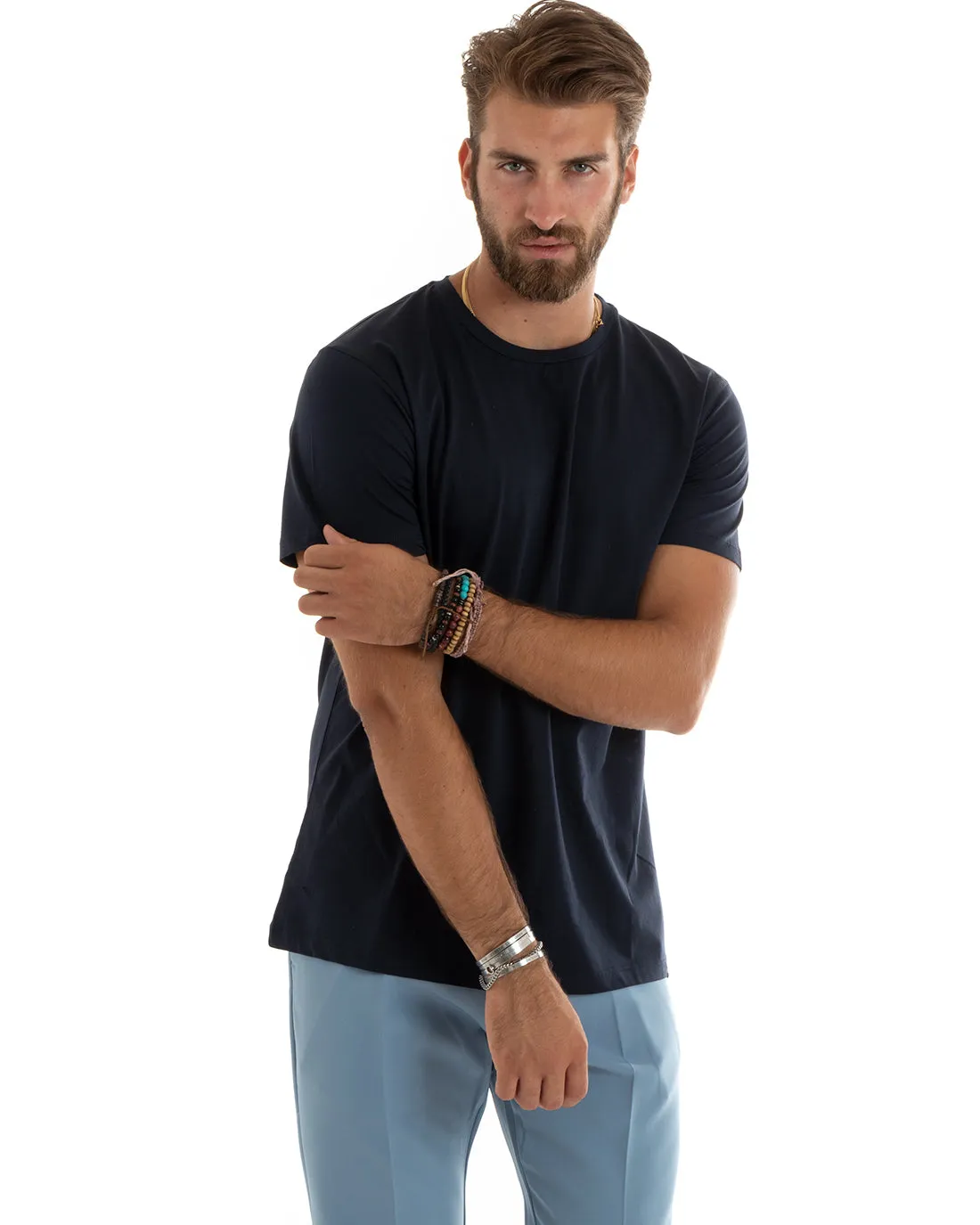 T-shirt Uomo Filo Di Scozia Basic Leggera Tinta Unita Blu Girocollo Casual GIOSAL-TS2977A