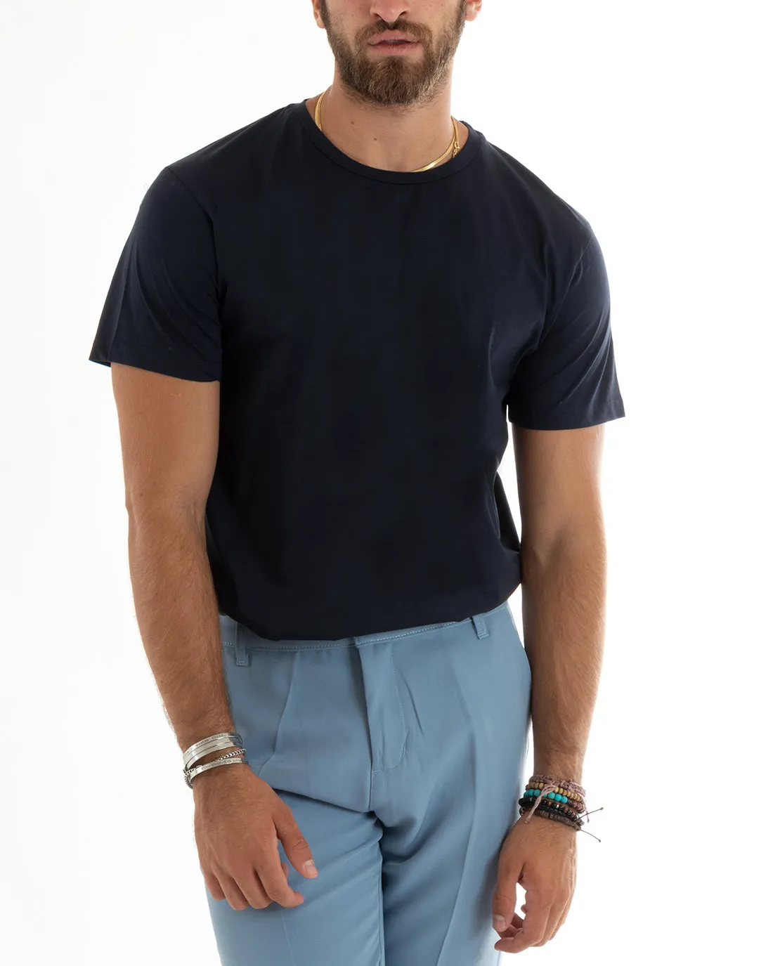 T-shirt Uomo Filo Di Scozia Basic Leggera Tinta Unita Blu Girocollo Casual GIOSAL-TS2977A