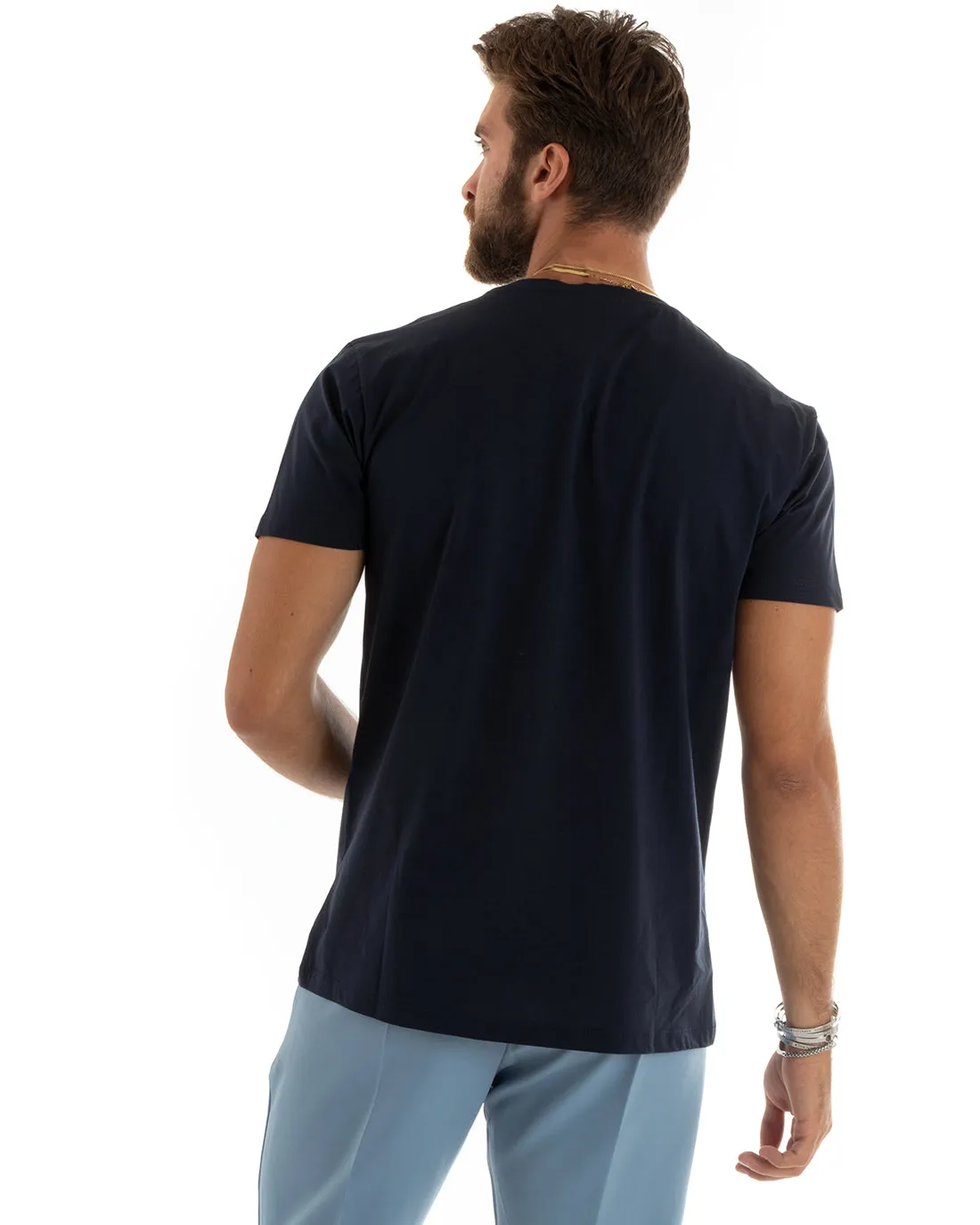 T-shirt Uomo Filo Di Scozia Basic Leggera Tinta Unita Blu Girocollo Casual GIOSAL-TS2977A