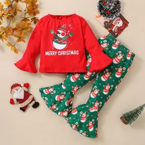 Toddler Girls Solid Color Cartoon Christmas Print Flared Sleeve Suit