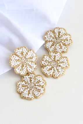 WHITE DOUBLE FLOWER BEADED EARRINGS