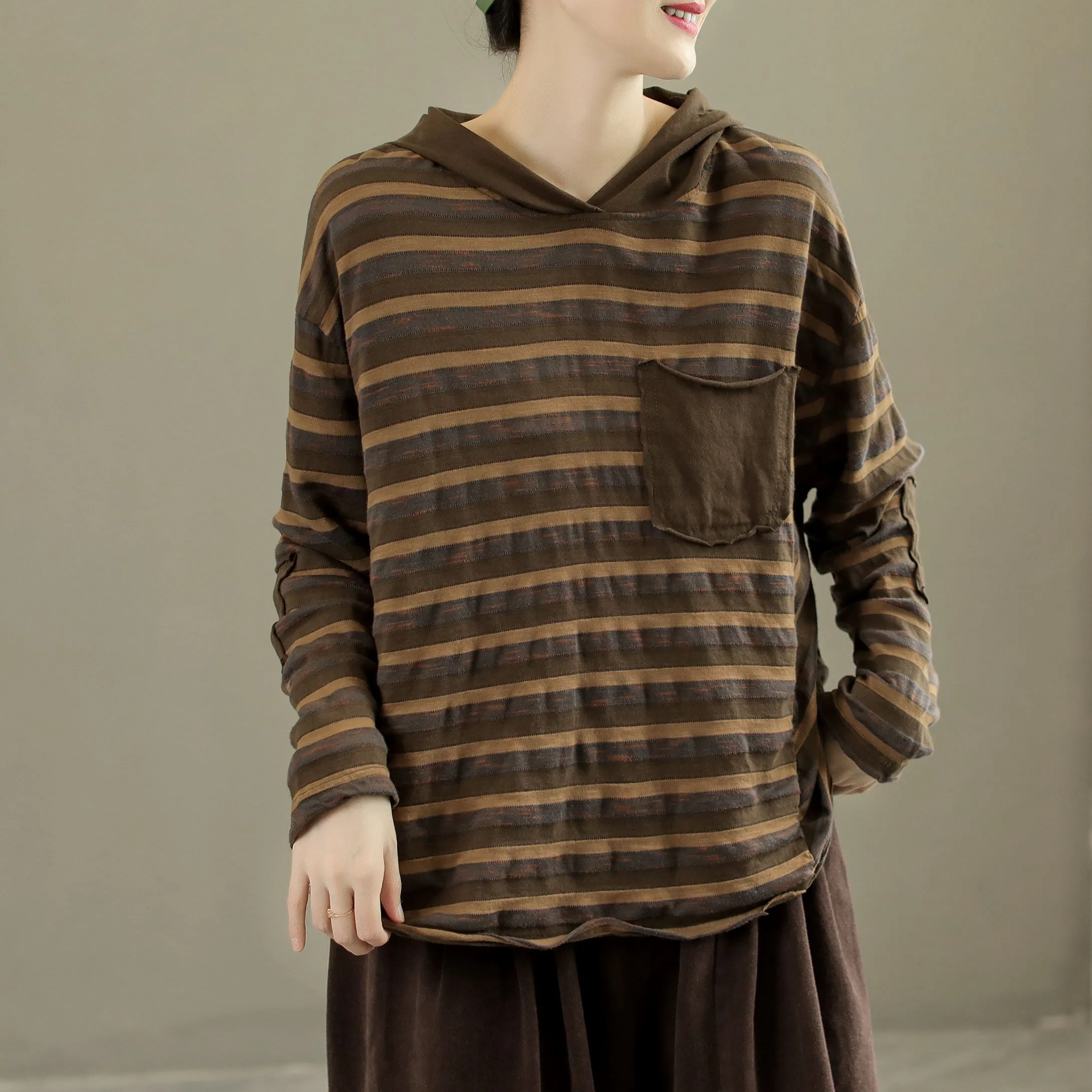 Women Autumn Stripe Cotton Pullover Hoodie