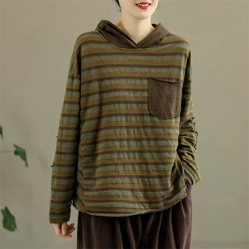 Women Autumn Stripe Cotton Pullover Hoodie