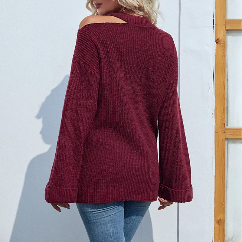 Women Sweaters Kniting Round Collar Pullover Plain Horn Sleeves Long Sleeve